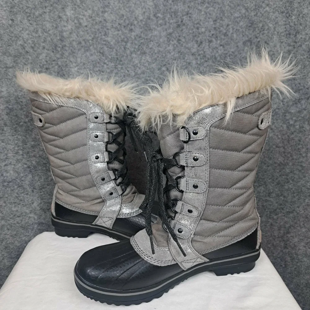 Sorel‎ Women's Waterproof Snow Boots Gray Metallic Fur Lined Lace Up Size 6